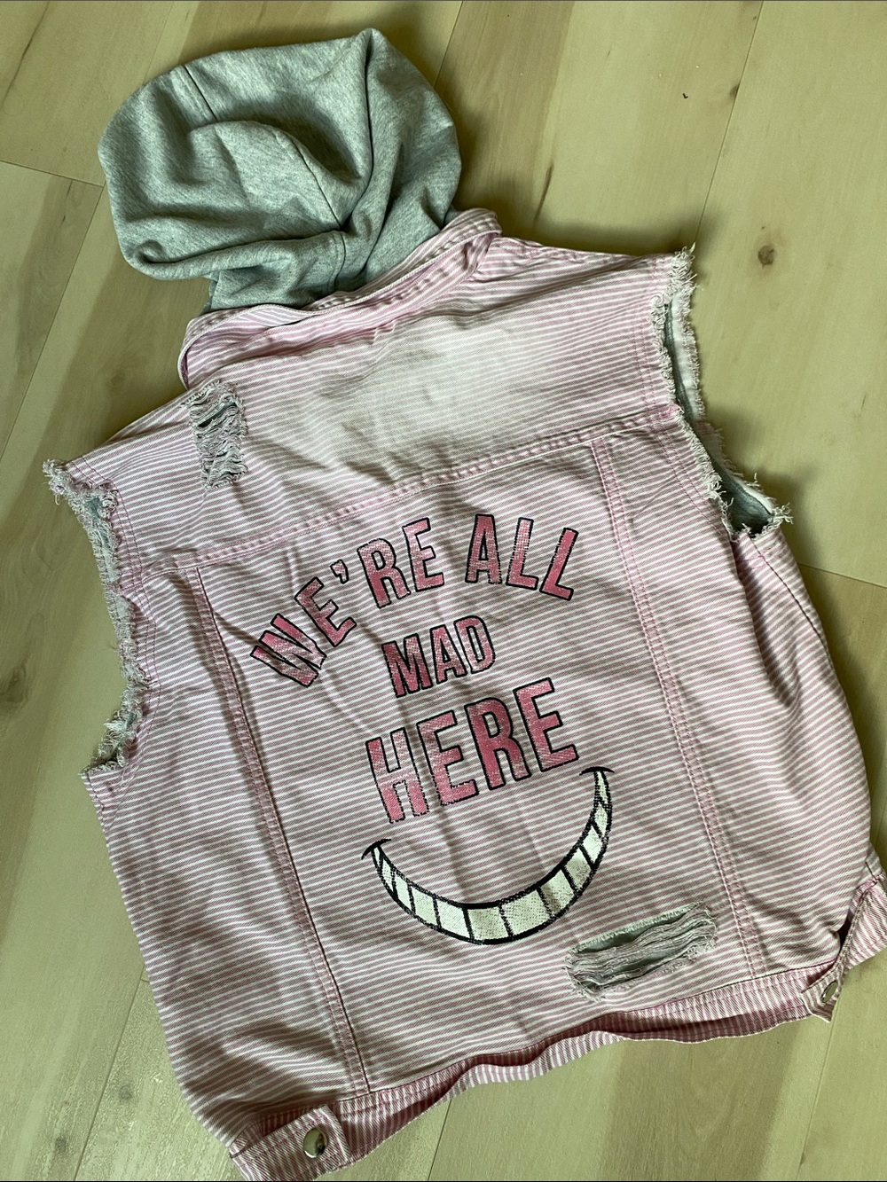 Disney ✨ Cheshire Cat Pink Denim Hooded Vest size Large